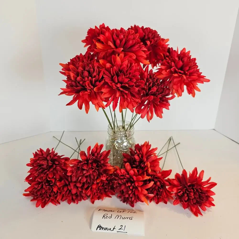 Red Artificial Chrysanthemum Mum Flowers 21 Stems Silk Floral Wedding Fall Home